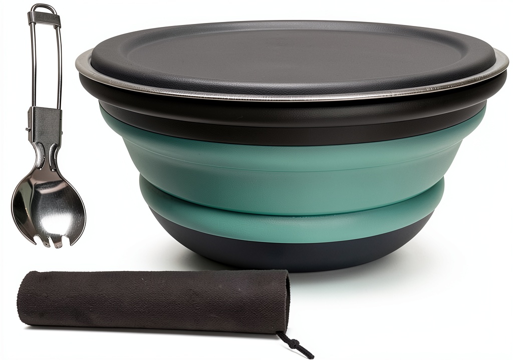 RMAMSCOV collapsible silicone camping bowl folded next to a hiking pack on a forest trail
