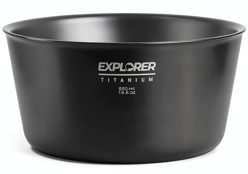 Explorer Bear Titanium Camping Bowl displayed on a camping table with outdoor gear